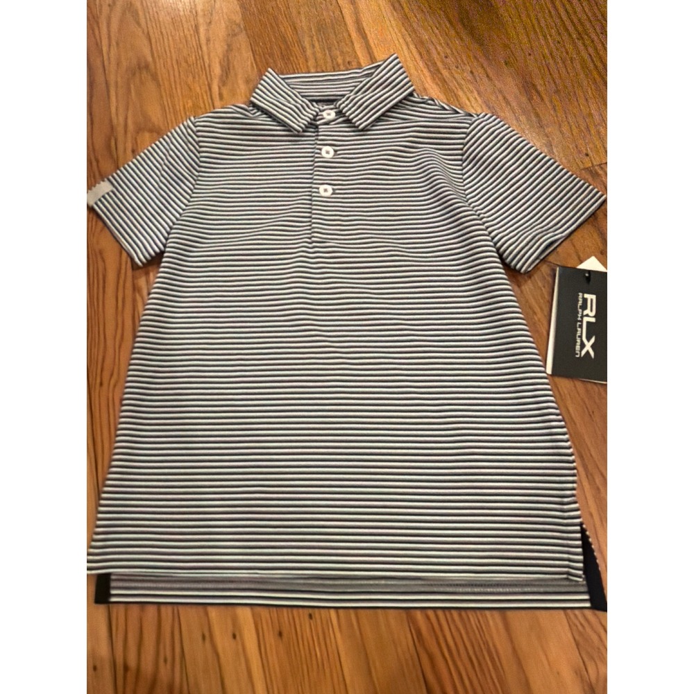 RLX Ralph Lauren Boys Navy White Striped Performance Golf Polo Shirt Size 4 NWT